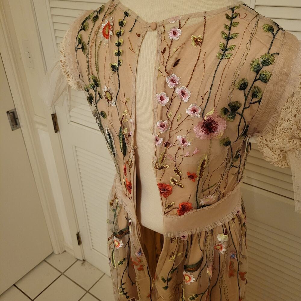 Floral Embroidered Mesh Midi Dress Handmade Beige Sheer Tassel Sleeve XS-S - Picture 6 of 8